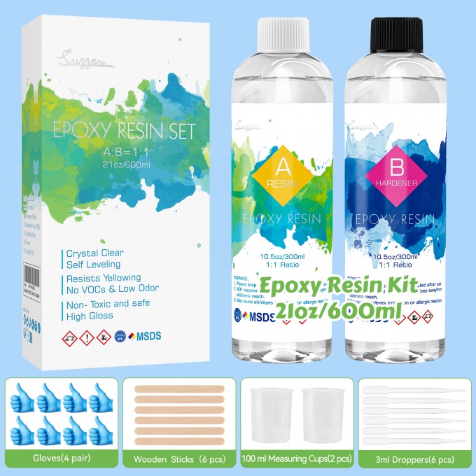 Epoxy Resin kit 600ml/21OZ Crystal Clear Epoxy Resin,Easy Mix 1:1 Ratio Epoxy and Hardener, No Bubble & Yellowing,UV & Heat Resistan for Jewelry Making, Art, Craft Decoration Resin