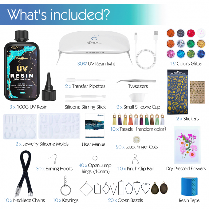UV Resin Jewelry Making Kit, 300g Crystal Clear UV Resin Kit with Molds, 30w & 22 Lamp Beads UV Resin Light Large for Craft Making Earrings, Necklaces, Keychains
